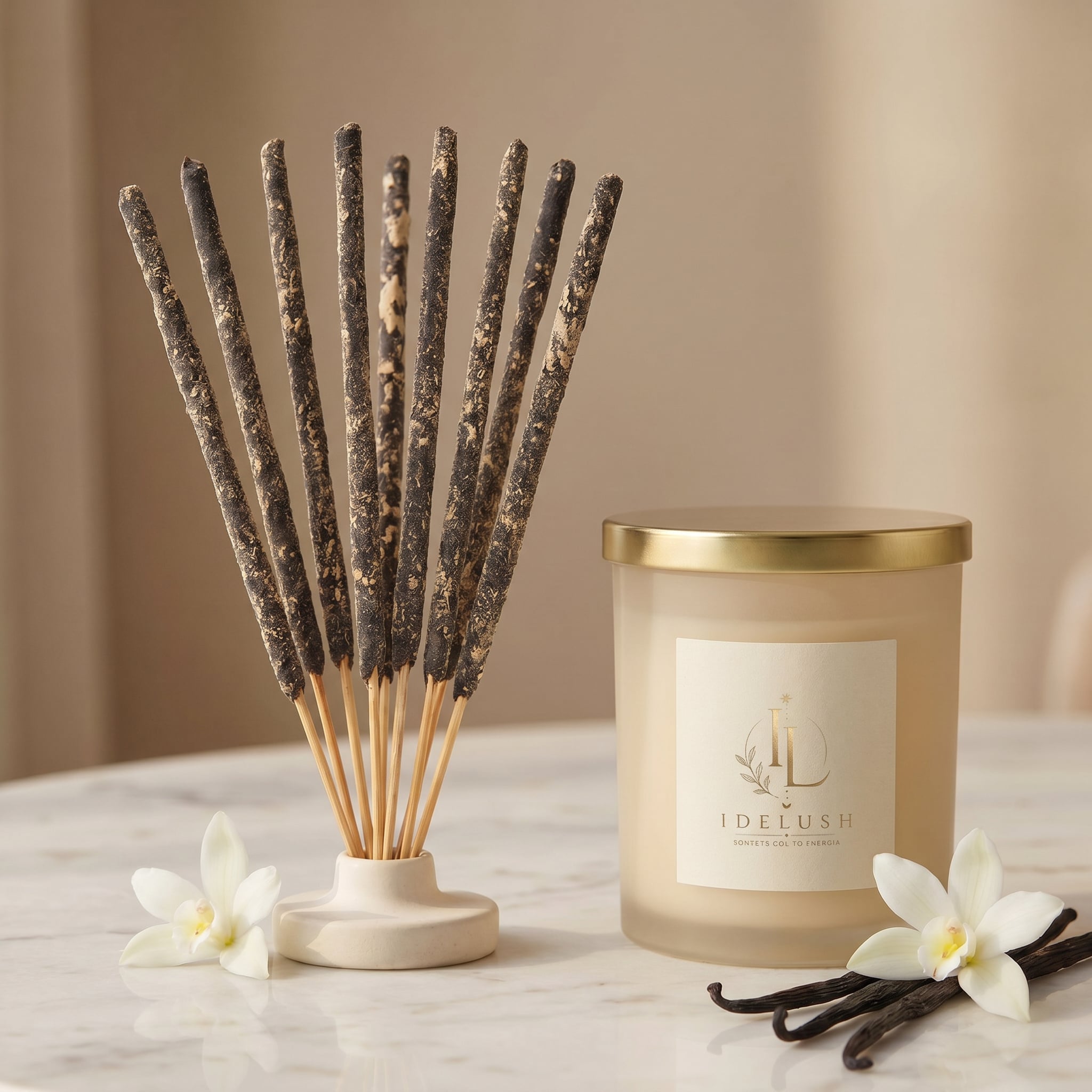 Varillas de Incienso de Vainilla Natural IDELUSH · Pack Ritual Artesanal con Quemador