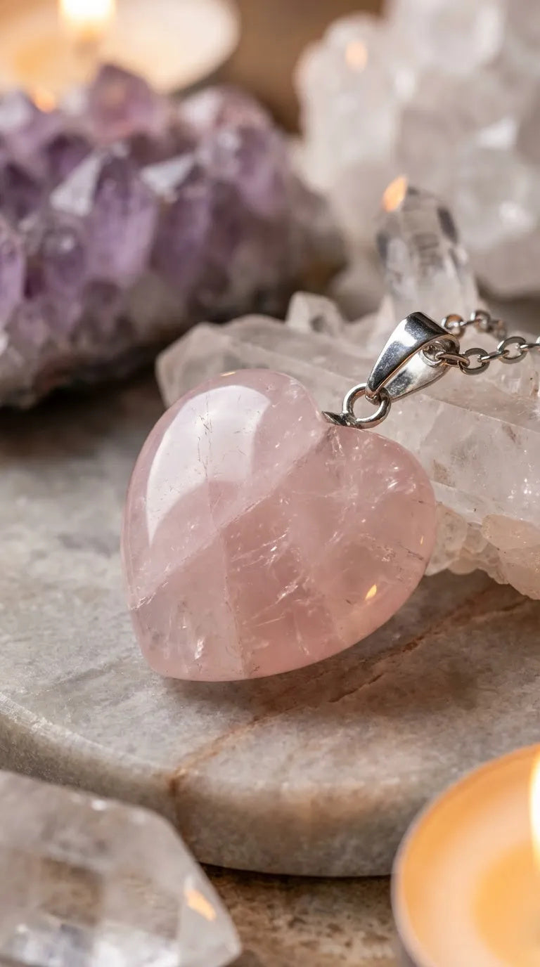 Collar Corazón de Cuarzo Rosa Natural | Acero Inoxidable Hipoalergénico | IDELUSH
