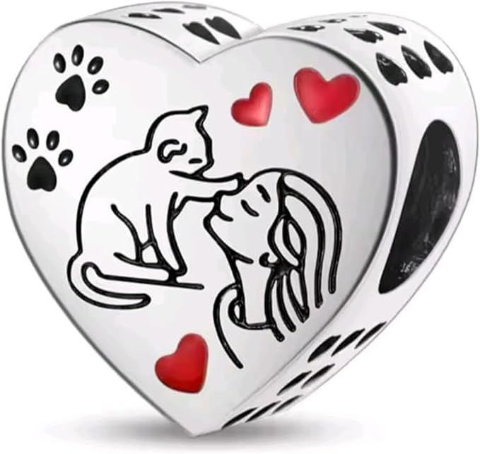 Charm Corazón Gatos en Plata 925 – Compatible con Pulseras Europeas Tipo Pandora