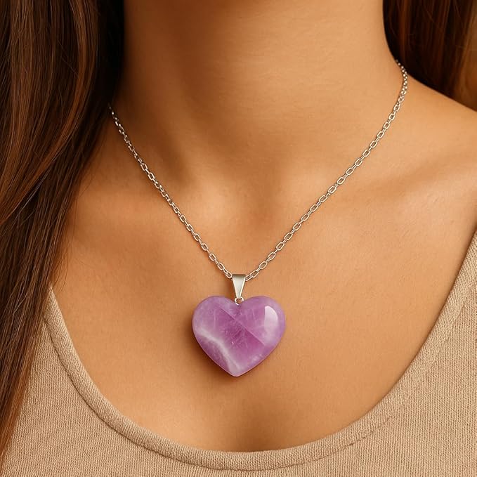 Collar Corazón de Amatista Natural | Colgante en Forma de Corazón con Cadena de Acero Hipoalergénico | IDELUSH