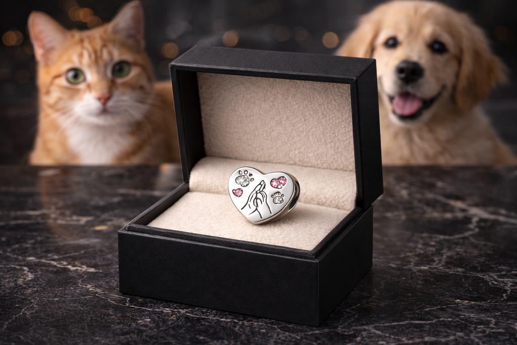 Charm Corazón con Huellas de Gato y Perro en Plata 925 Compatible con Pulsera Pandora