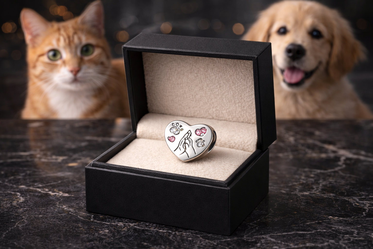 Charm Corazón con Huellas de Gato y Perro en Plata 925 Compatible con Pulsera Pandora