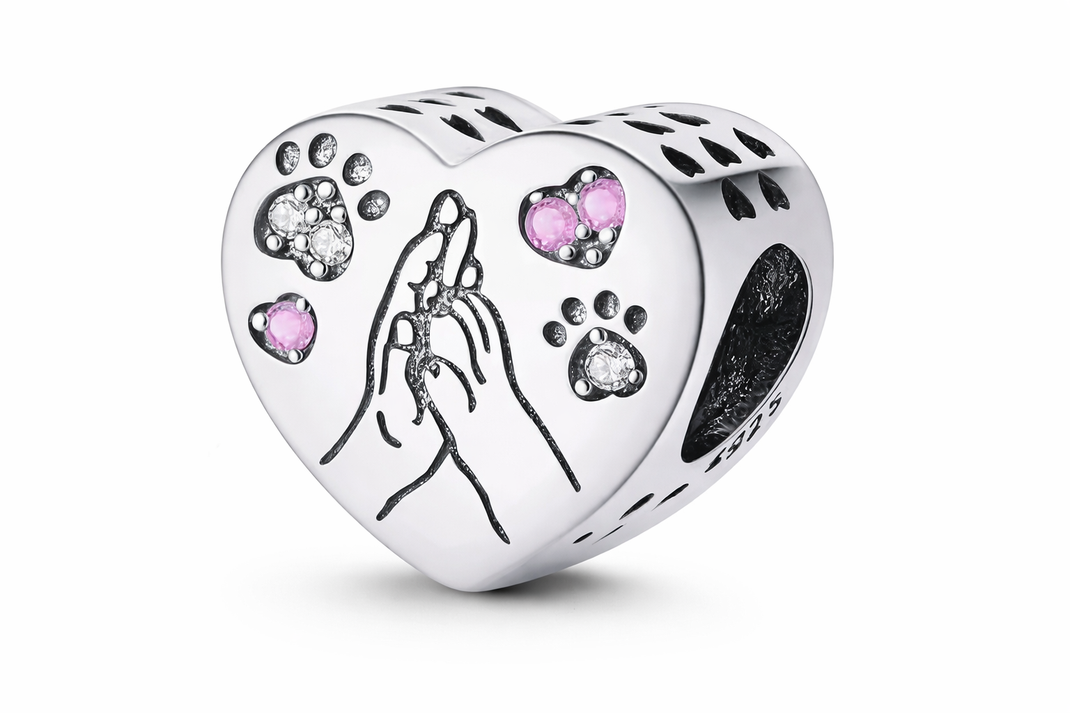 Charm Corazón con Huellas de Gato y Perro en Plata 925 Compatible con Pulsera Pandora