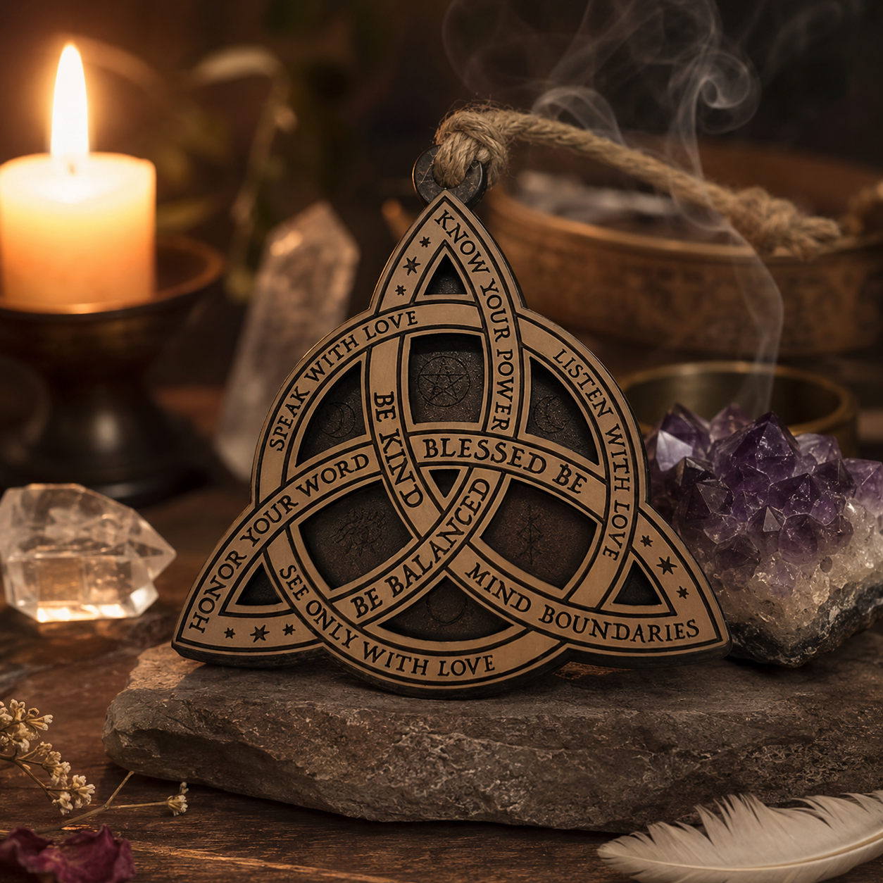 Decoración Espiritual de Madera Triqueta IDELUSH · Amuleto Celta para Hogar y Altar