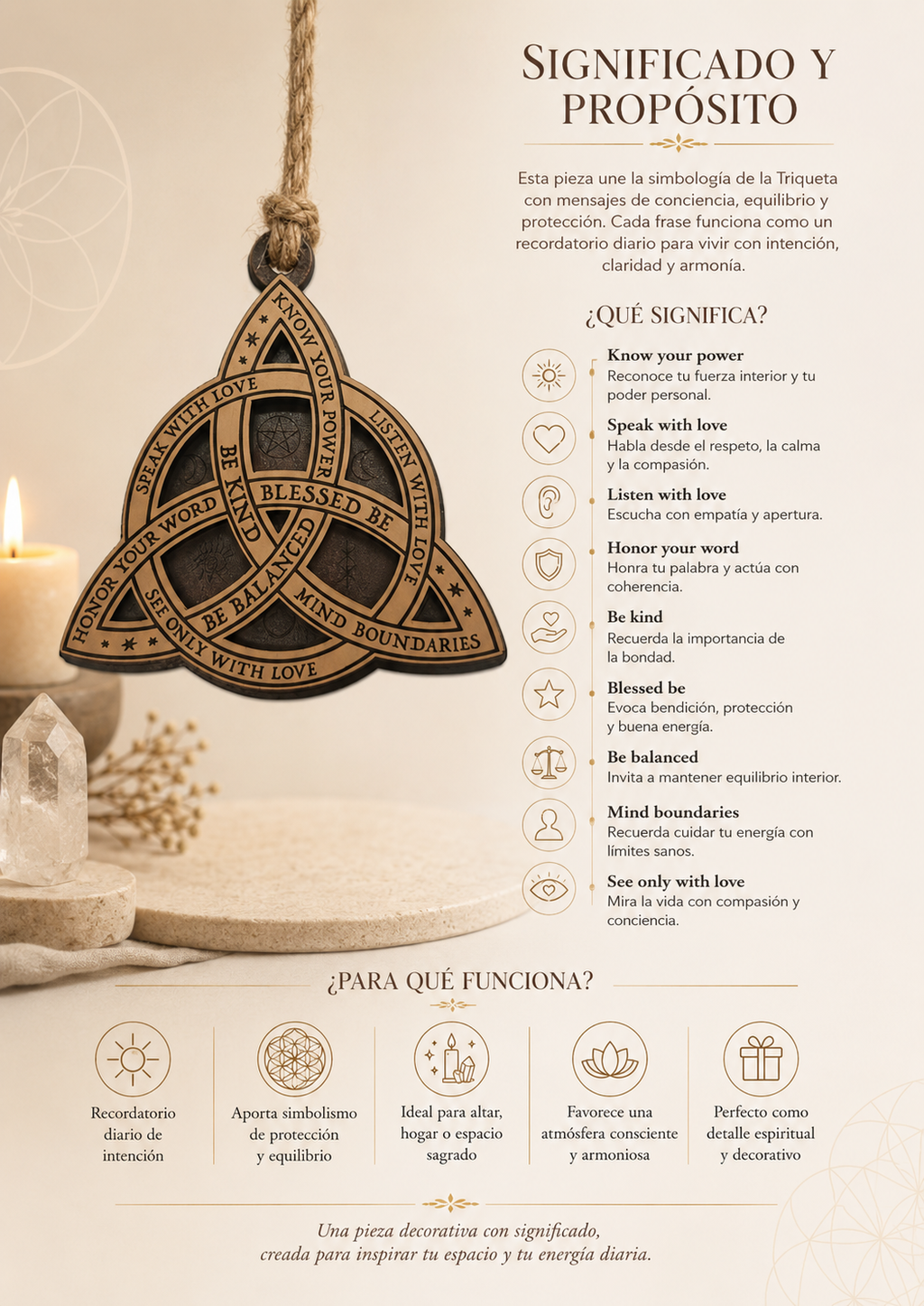 Decoración Espiritual de Madera Triqueta IDELUSH · Amuleto Celta para Hogar y Altar