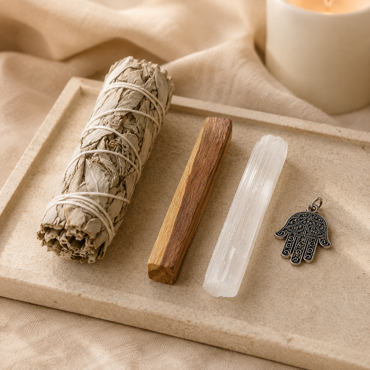 Pack de Limpieza Energética IDELUSH · Salvia Blanca, Palo Santo, Selenita y Mano de Fátima