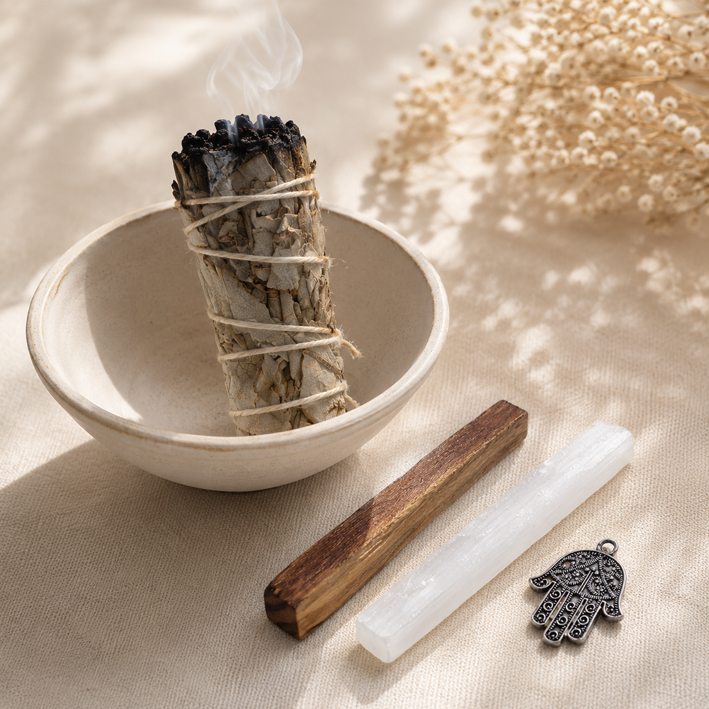 Pack de Limpieza Energética IDELUSH · Salvia Blanca, Palo Santo, Selenita y Mano de Fátima