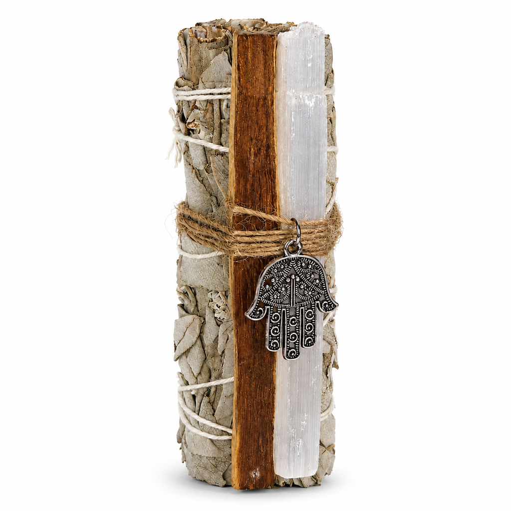 Pack de Limpieza Energética IDELUSH · Salvia Blanca, Palo Santo, Selenita y Mano de Fátima