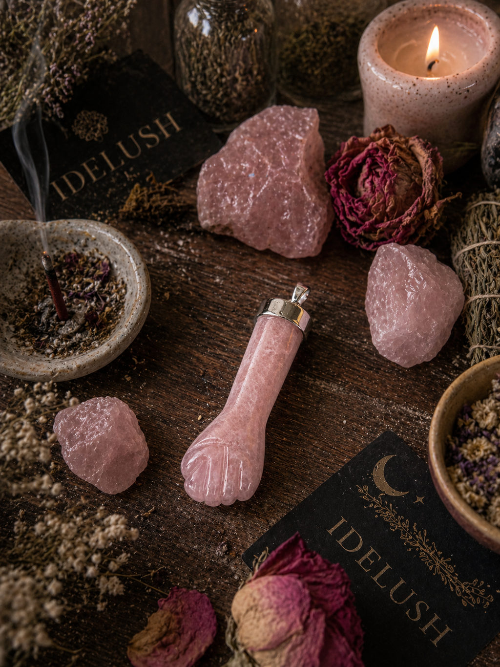 Colgante de cuarzo rosa natural en forma de puño | Plata 925