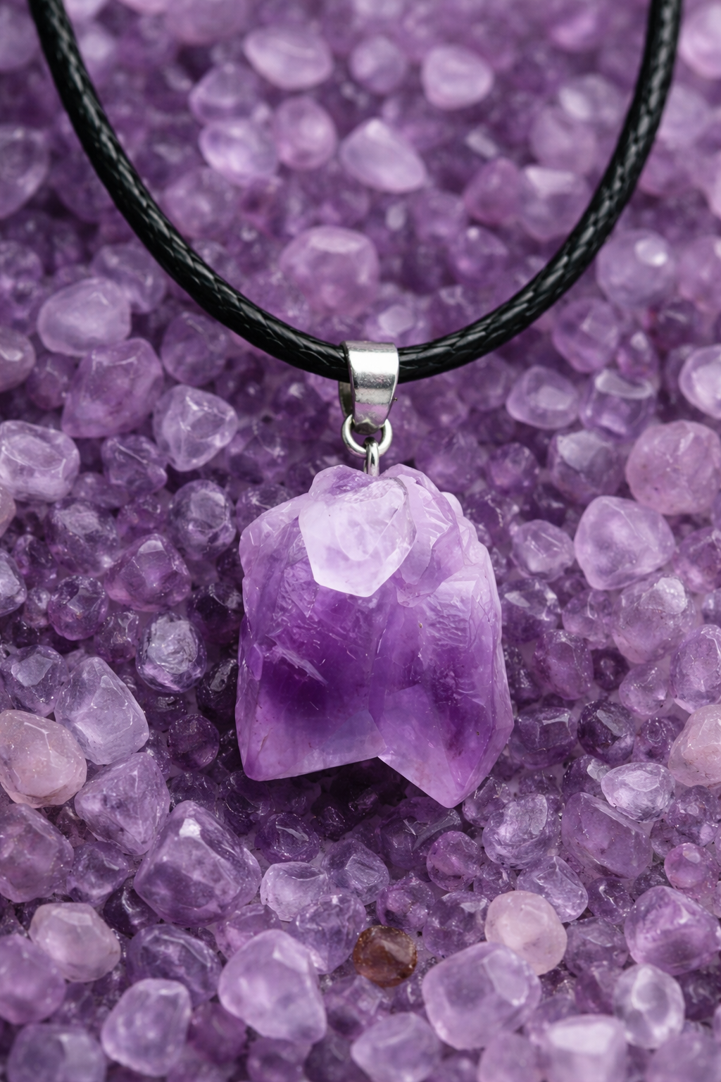 Collar de Amatista Natural en Bruto – Piedra Energética con Cordón Negro Ajustable