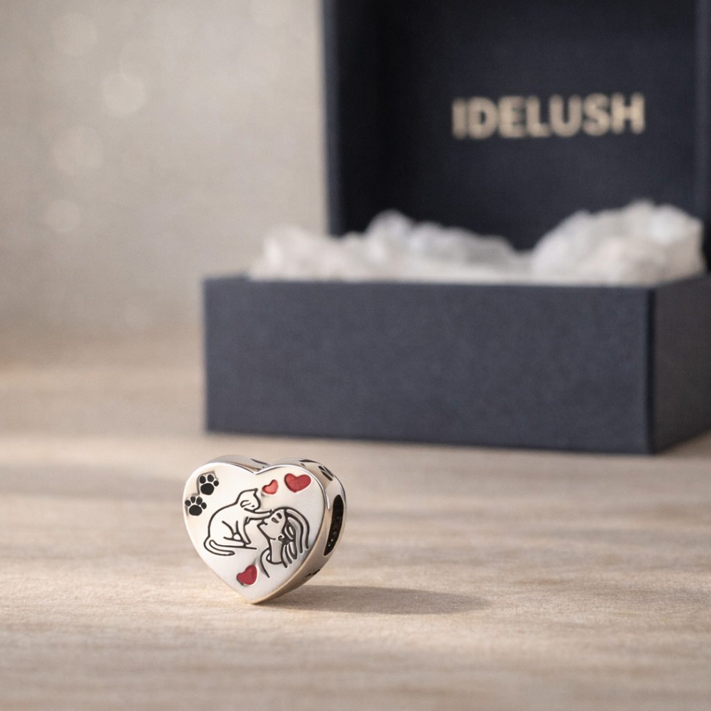 Charm Corazón Gatos en Plata 925 – Compatible con Pulseras Europeas Tipo Pandora
