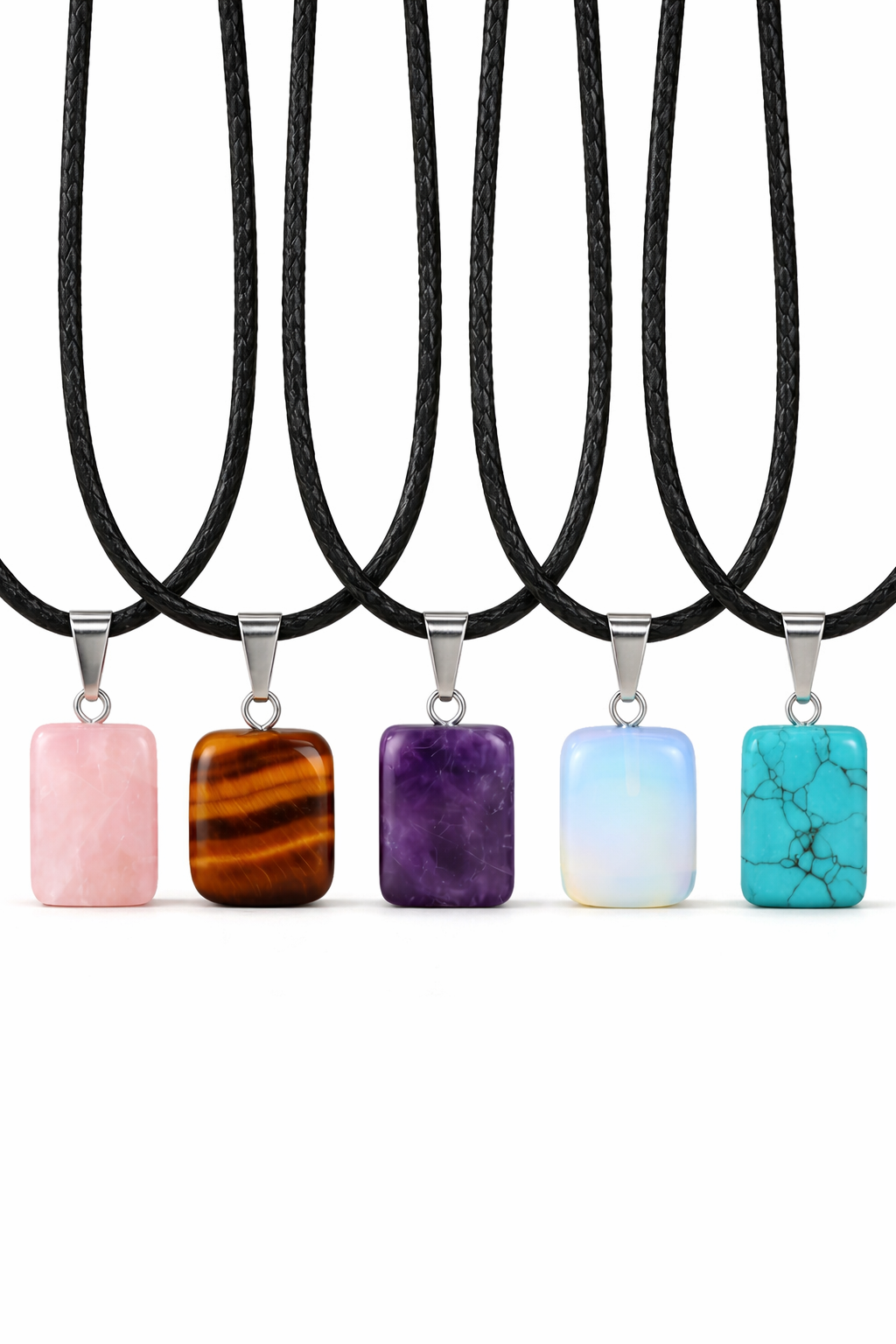 Collar Cubo de Mineral Natural con Cuerda Negra | 5 Variedades (Cuarzo Rosa, Amatista, Ópalo, Turquesa, Ojo de Tigre)