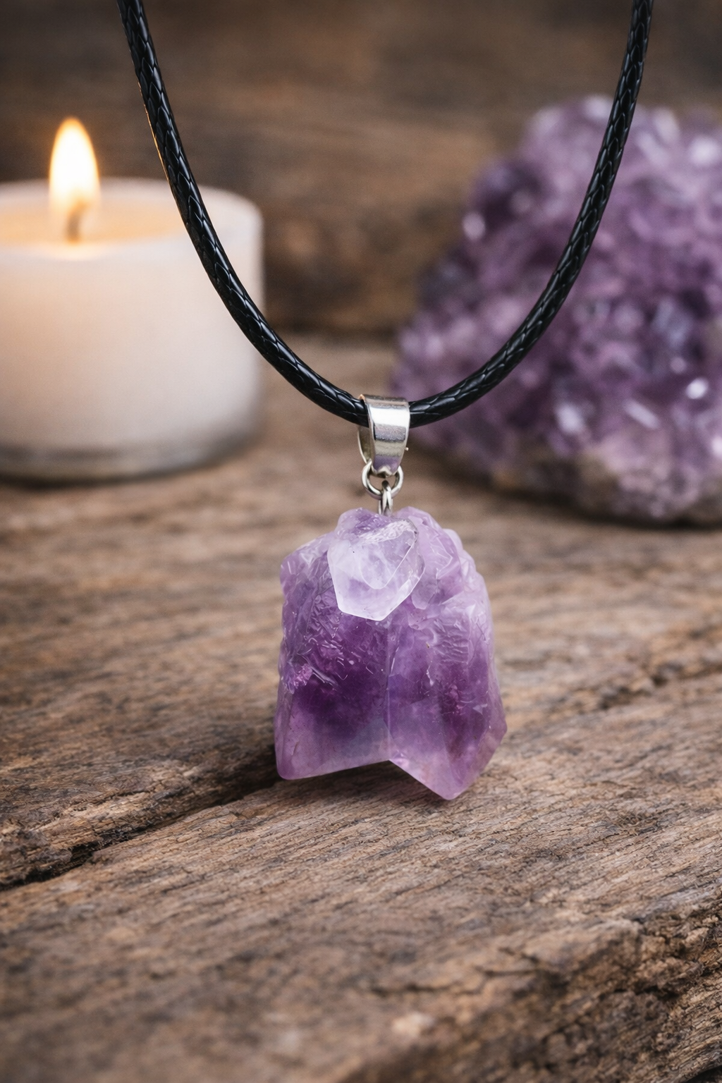 Collar de Amatista Natural en Bruto – Piedra Energética con Cordón Negro Ajustable