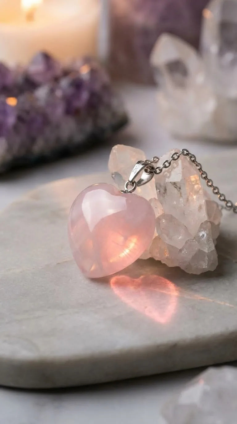 Collar Corazón de Cuarzo Rosa Natural | Acero Inoxidable Hipoalergénico | IDELUSH