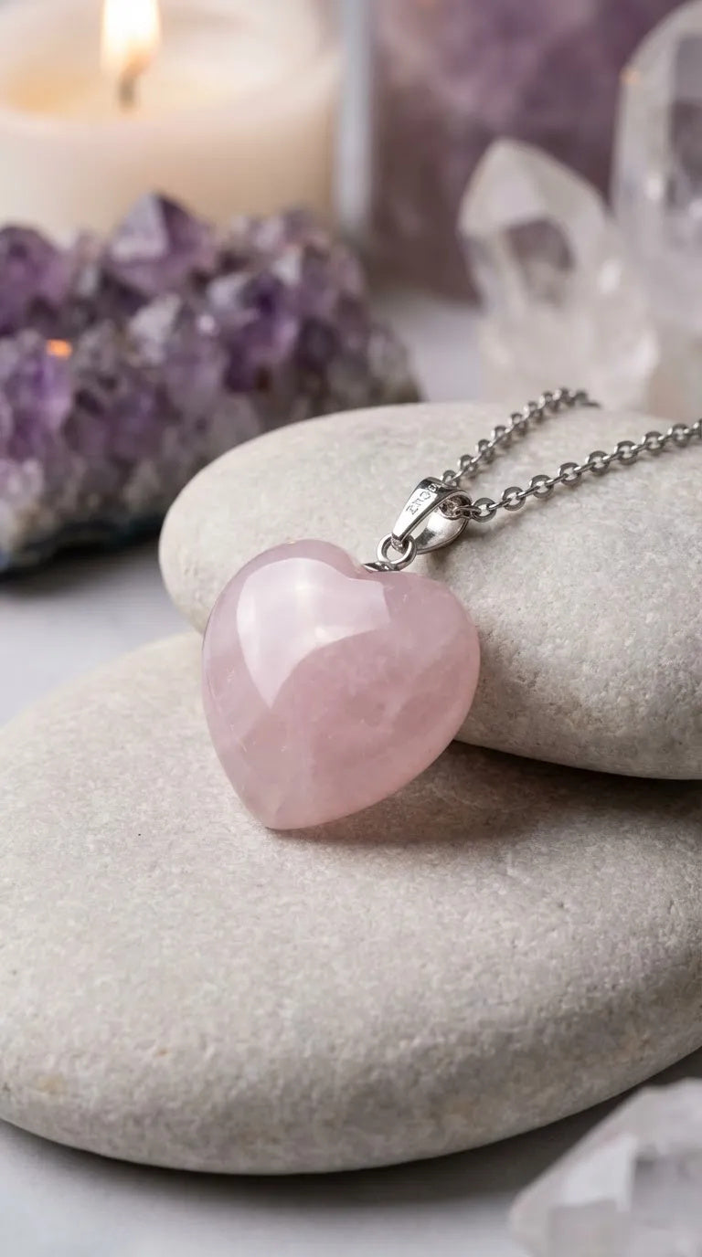 collar corazon cuarzo rosa natural acero inoxidable hipoalergénico