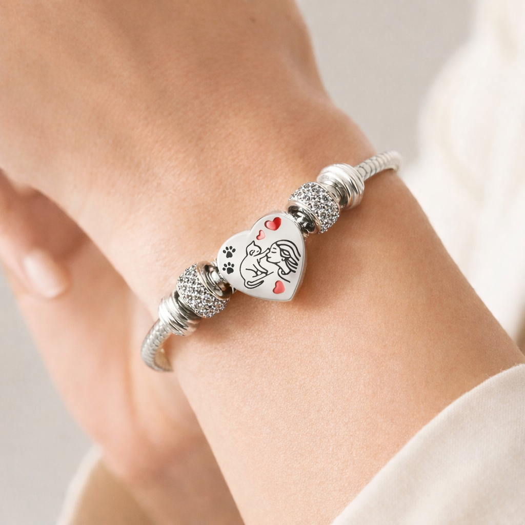 Charm Corazón Gatos en Plata 925 – Compatible con Pulseras Europeas Tipo Pandora