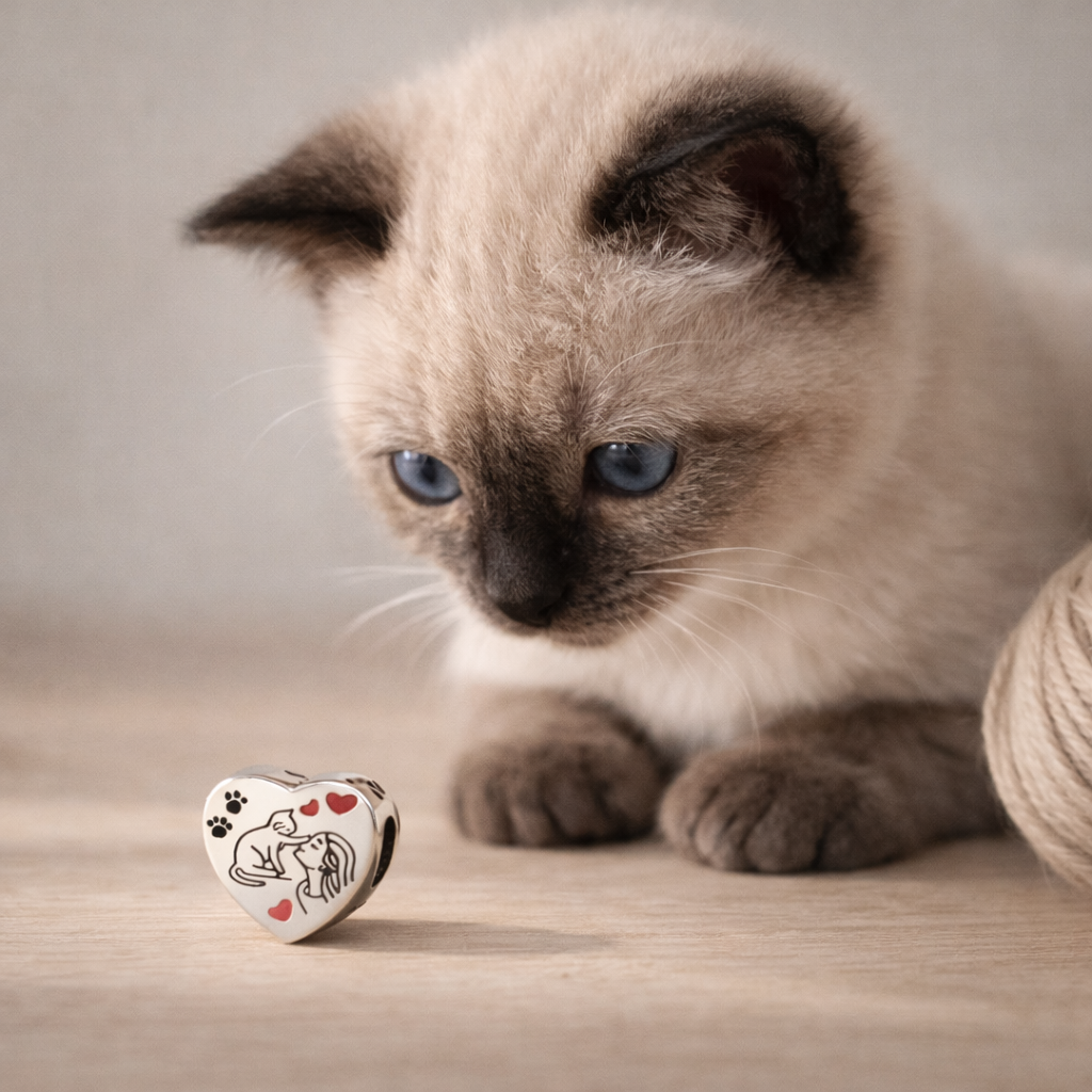Charm Corazón Gatos en Plata 925 – Compatible con Pulseras Europeas Tipo Pandora
