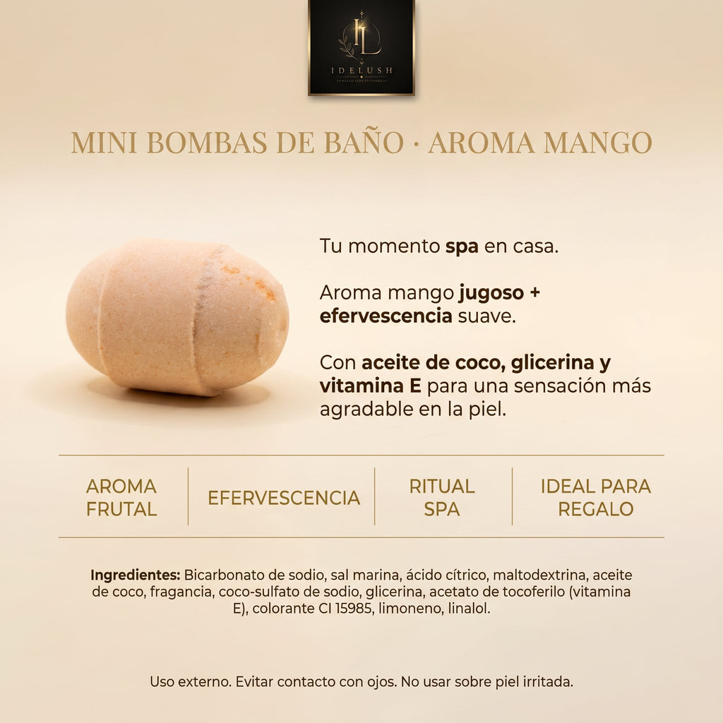 Mini Bombas de Baño de Mango IDELUSH · Pack 8 con Aceite de Coco y Vitamina E