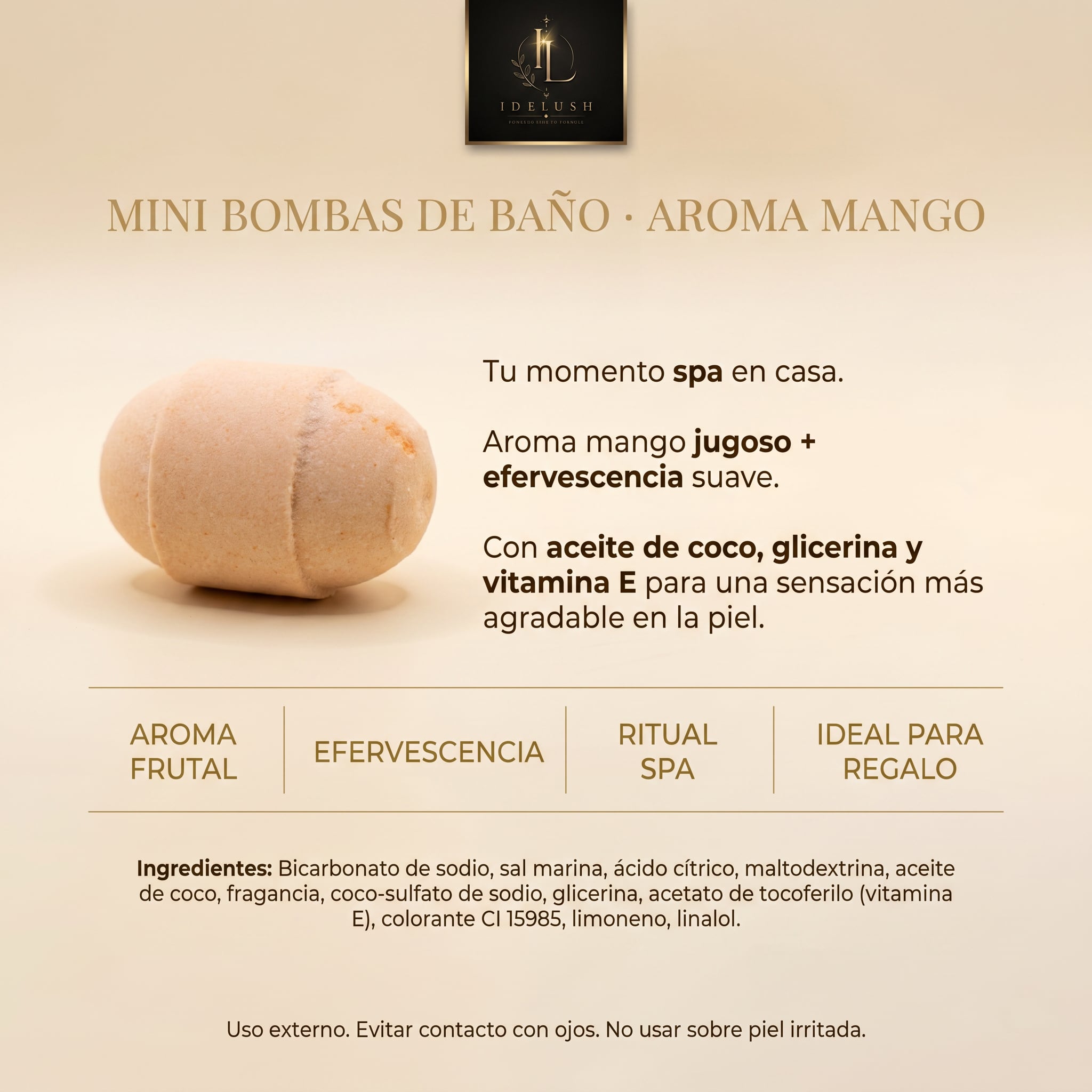 Mini Bombas de Baño de Mango IDELUSH · Pack 8 con Aceite de Coco y Vitamina E